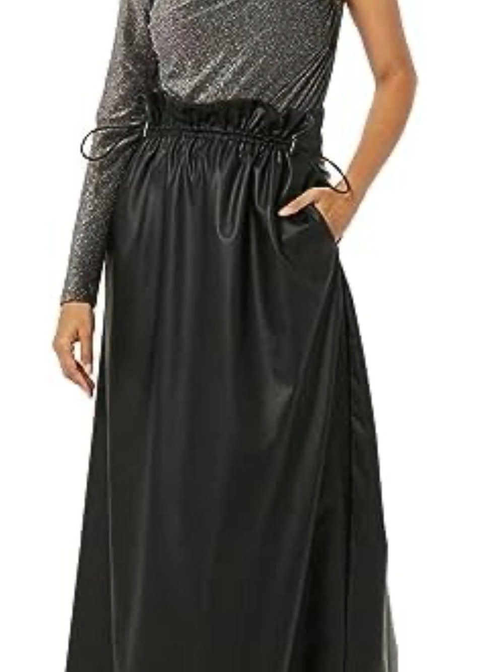 TEREA Black Faux Leather Maxi Skirt with Paperbag Waist